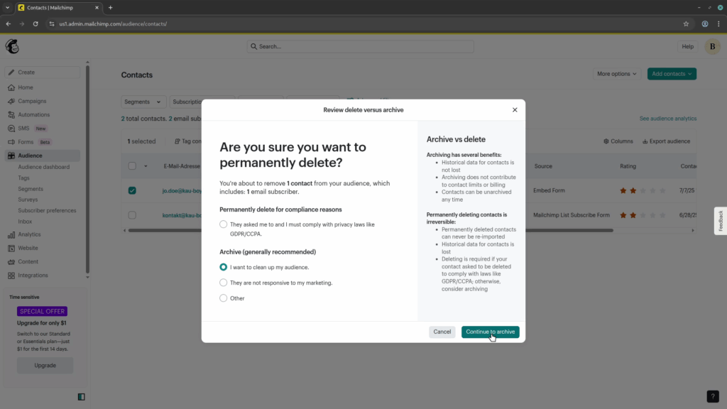 A modal named "Are you sure you want to permanently delete" with one option to delete the contact and three options to only archive it.